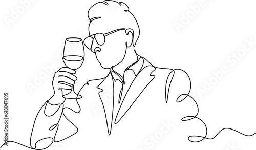 Man in a shirt drinks a wine drink from a glass - one line drawing. a taster or wine lover sips wine from a glass in an informal setting