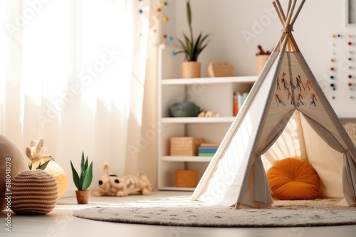 White fabric kids teepee and Native American decor in the interior of the children's room. AI generated © dark_blade