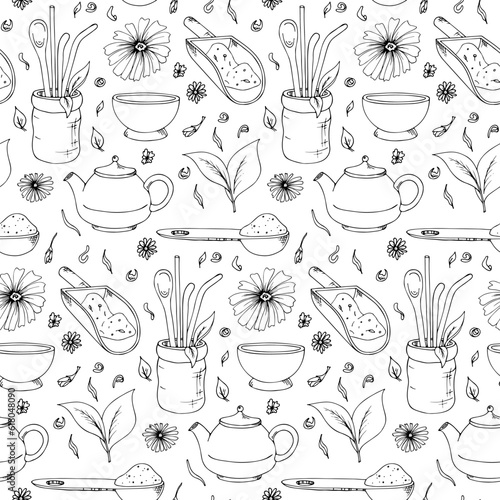 Seamless vector pattern with a tea party theme.  Japanese tea ceremony devices.