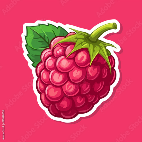 Vector raspberry sticker isolated on white. Cartoon flat style. illustration Red yammi berry with green leaves Healthy diet vegetarian eco food. Decoration for packaging, menu etc