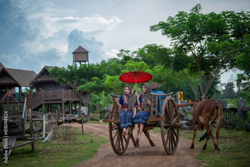 Thai women ride a cart as a vehicle.The journey of Thai people in the past used ox wagons as a means of transportation. photo