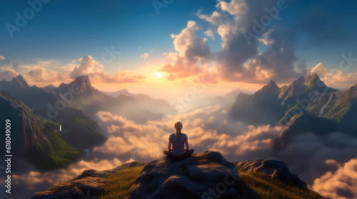 Girl sits with her back on top of a mountain, under the clouds © tashechka