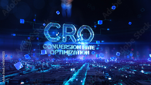 CRO Conversion Rate Optimization- businessman working with virtual reality at office. photo