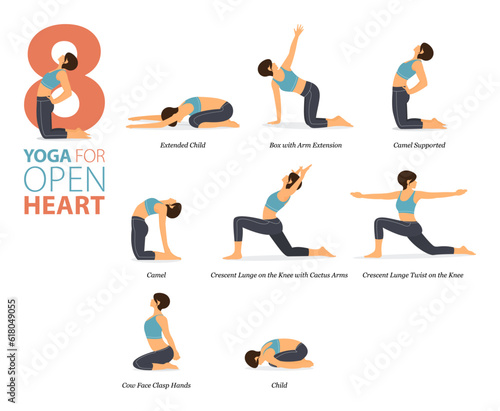 8 Yoga poses or asana posture for workout in open heart concept. Women exercising for body stretching. Fitness infographic. Flat cartoon vector.