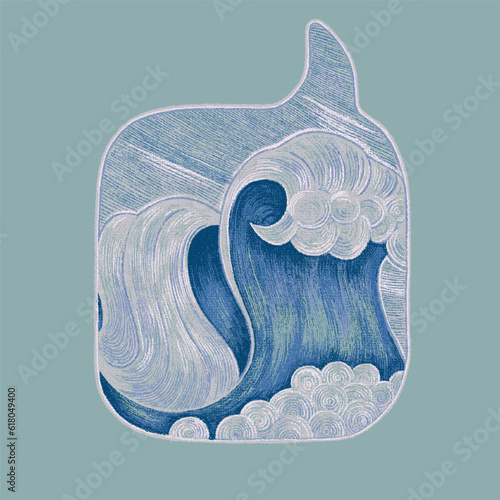 Fine art illustration of sea waves within a dialogue bubble symbol. Abstract symbolism for deep conversations, emotional expressions, embracing vulnerability, decluttering thoughts, stoic reminders 