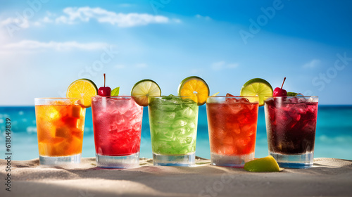 Various color cocktail on the beach created with Generative AI 