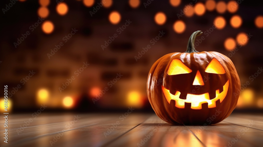 smiling Jack O Lantern pumpkins glows on an old wooden floor smiling Jack O Lantern pumpkins glows on an old wooden floor
