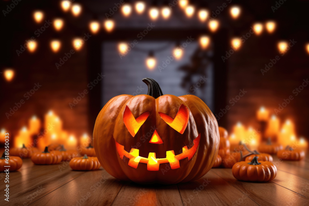smiling Jack O Lantern pumpkins glows on an old wooden floor smiling Jack O Lantern pumpkins glows on an old wooden floor