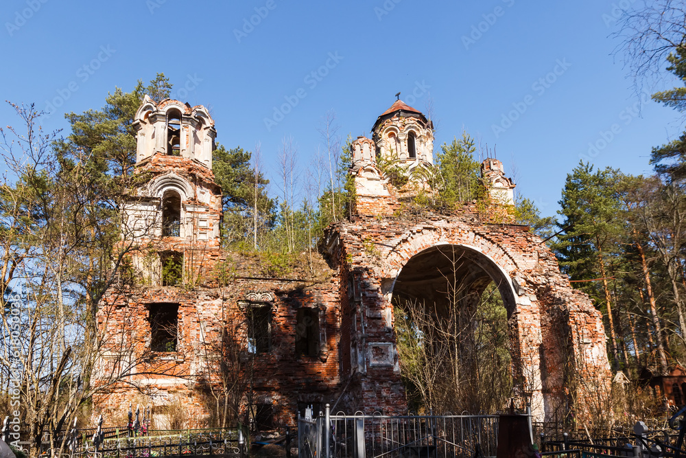 The ruins of the Church of St. Nicholas the Wonderworker in the city of Luga. In the spring, Leningrad region.