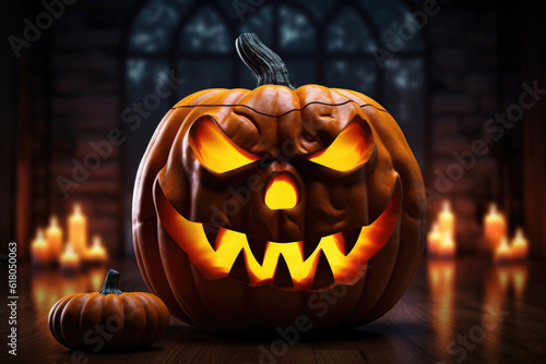 smiling Jack O Lantern pumpkins glows on an old wooden floor