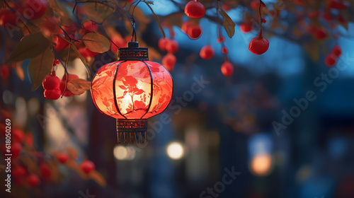 red lantern in the chinese temple at night created with Generative AI 