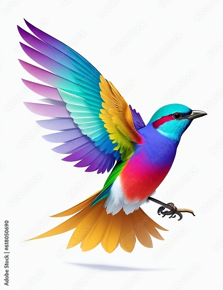 An illustration of a colourful bird flying on a white background.