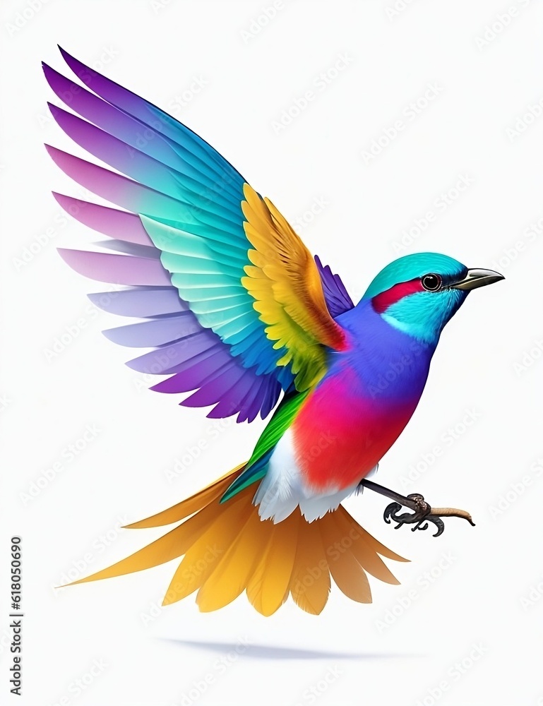 An illustration of a colourful bird flying on a white background. An illustration of a colourful bird flying on a white background.