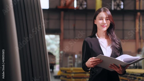 Happy Asian woman auditor standing and open document file looking at camera smiling have confidence in warehouse at factory. Pride and accomplishment concept. photo