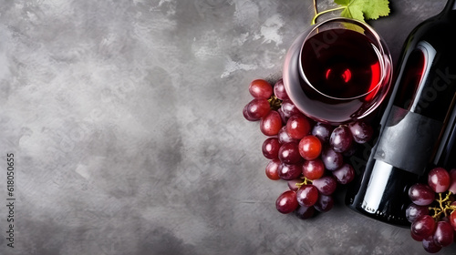 bottle of wine and glass with grapes on grey background created with Generative AI 