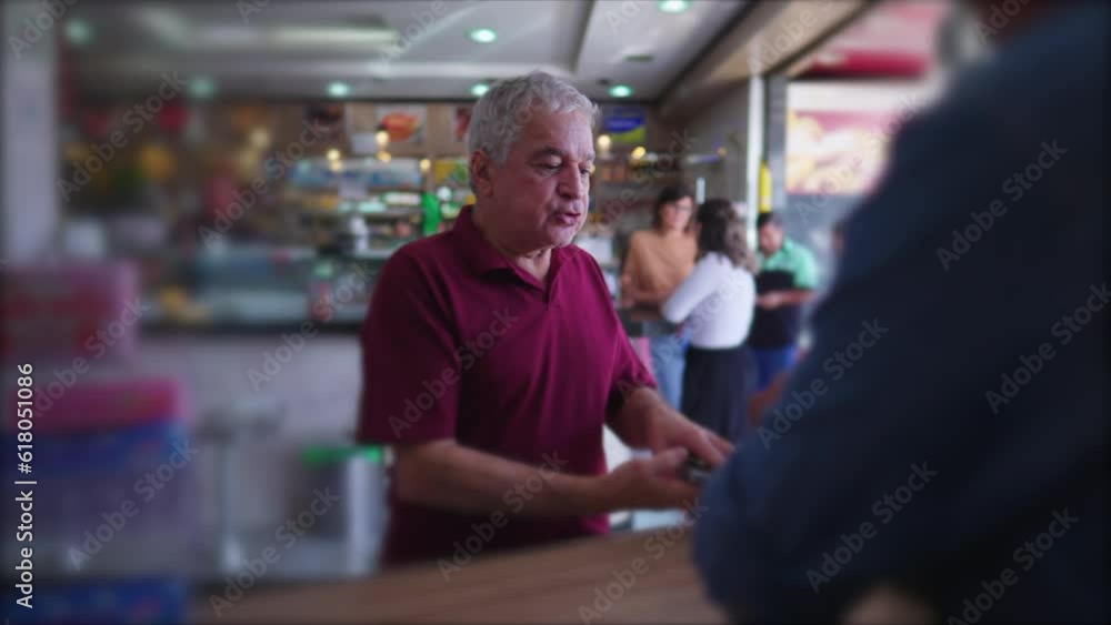 Senior Customer Engaging with Cashier at Local Cafeteria, Older Individual Chatting with Friend in Restaurant Business Senior Customer Engaging with Cashier at Local Cafeteria, Older Individual Chatting with Friend in Restaurant Business