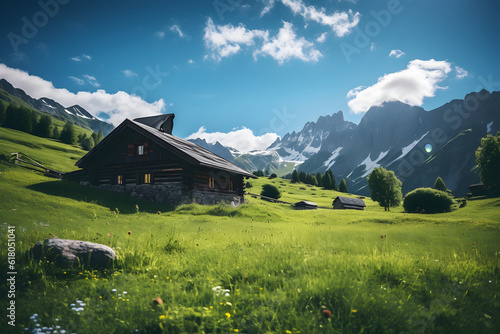 A cozy log cabin nestled in a meadow of lush green grass, surrounded by majestic mountains in the distance. A perfect spot to relax and take in the beauty of nature.