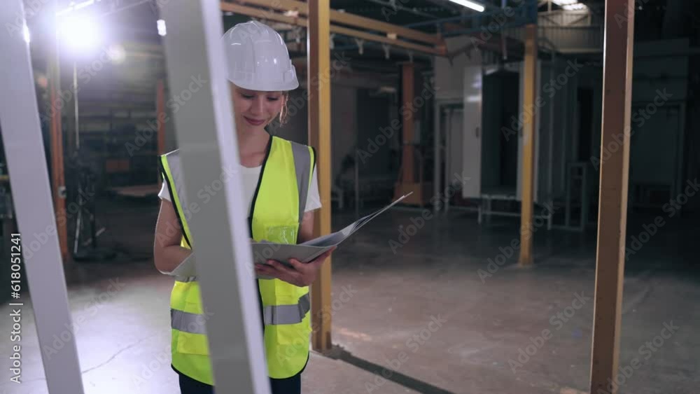 Engineer asian woman wear vest safety open document file while check