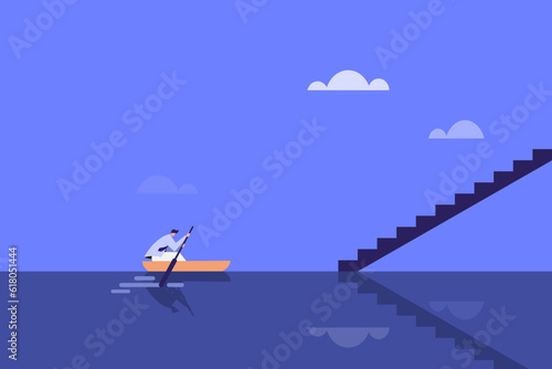 Conceptual illustration of a businessman rowing a boat towards a stairs to reach a new destination