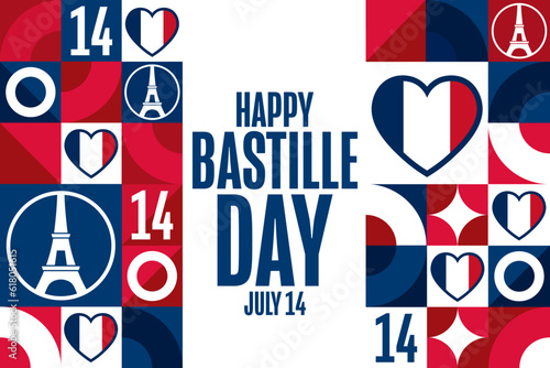 Happy Bastille Day. July 14. Holiday concept. Template for background, banner, card, poster with text inscription. Vector EPS10 illustration.