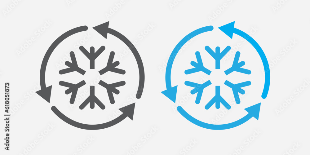 Freezer control icon. Automatic cooling defrost symbol. Sign car or home air conditioning vector flat. snowflake with four rotation arrows. vector. Freezer control icon. Automatic cooling defrost symbol. Sign car or home air conditioning vector flat. snowflake with four rotation arrows. vector.