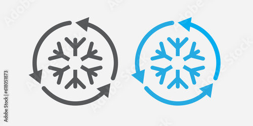 Freezer control icon. Automatic cooling defrost symbol. Sign car or home air conditioning vector flat. snowflake with four rotation arrows. vector.