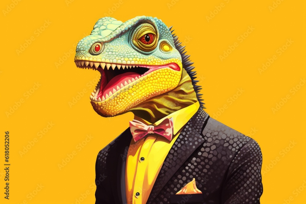 Close up portrait of chameleon , smilling with nice white teeth, wearing dark black suit. Generative Ai.