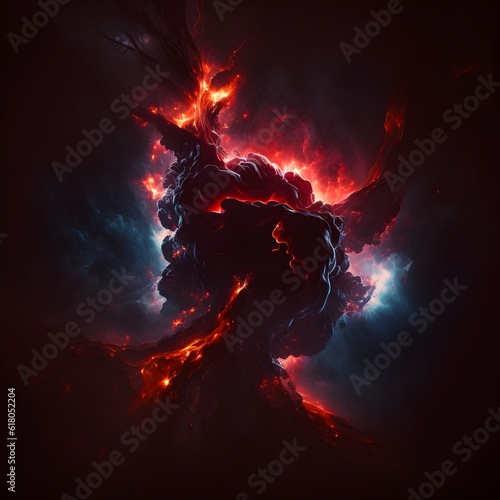 a red energy and nebula formation in a black void evil aggressive dark volumetric lighting ultra detailed octane render 
