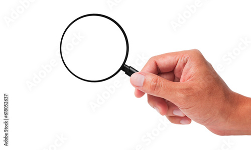 Hand with magnifying glass, white background, 3D render