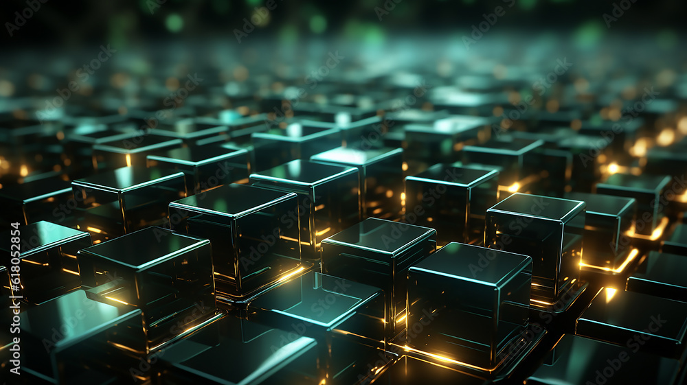 modern dark squares Abstract background from random motion geometry, with green Honeycomb wallpaper, technology element. 3d rendering, generative AI tools 