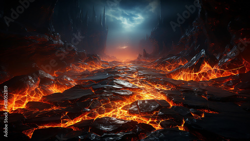 Cracked surface of molten lava. Concept art armageddon, hot lava stones. Fantasy world. 3d illustration, generative AI tools 