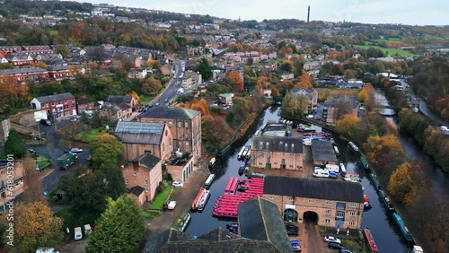 Aerial drone footage of the village town of Sowerby Bridge West Yorkshire