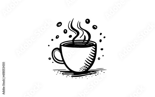 Cup coffe doodle line art illustration with black and white style for template.