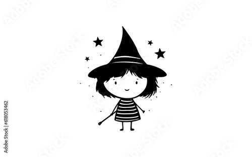 Witch woman doodle line art illustration with black and white style for template.
