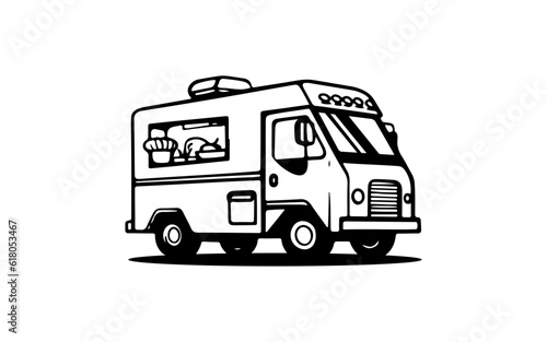 Food truck doodle line art illustration with black and white style for template.