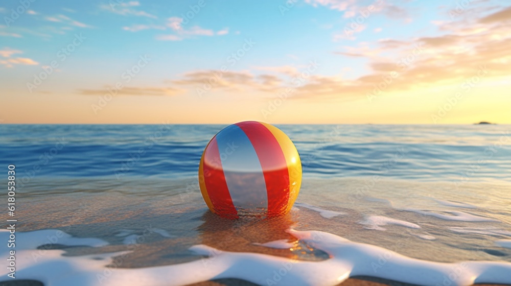 Beach ball against a scenic seascape , Generative AI.