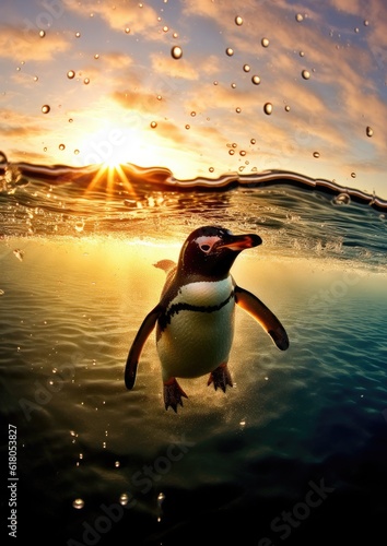 Swimming penguin  in clear ocean water  under water sunset view . Generative Ai.