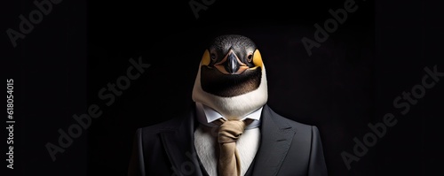 Panorama of boss penguin in dark black suit on black background. Generative Ai.