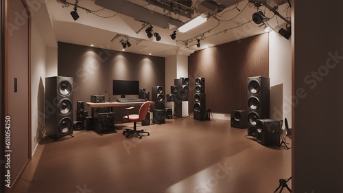 Photo of a room filled with speakers and a desk