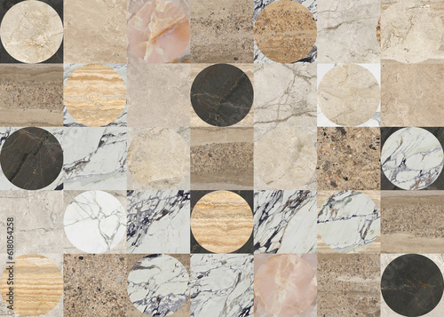 Fototapeta Naklejka Na Ścianę i Meble -  Creative patchwork pattern mixed of several marbles and stones, with arches and decoration for wallpaper, floor, wall, home and digital use.