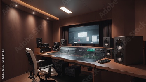 Photo of a state-of-the-art recording studio with professional sound equipment and a large screen for editing and playback