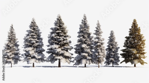 Collection of Christmas trees in the snow, isolated on a transparent background, Generative AI.