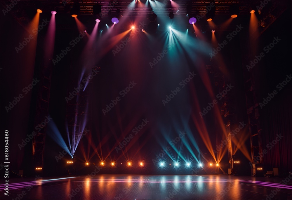 Photo of a stage with multiple spotlights illuminating the performance area - obrazy, fototapety, plakaty 
