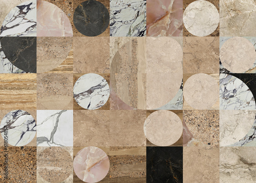 Creative patchwork pattern mixed of several marbles and stones, with arches and decoration for wallpaper, floor, wall, home and digital use.