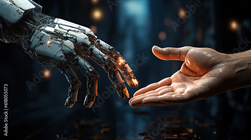 one white robot technology AI hand reaches out to another human hand that connects between the future and the present