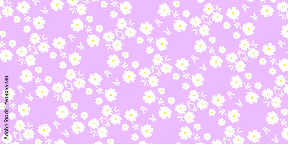 White daisy,daisies seamless on purple pastel background.  