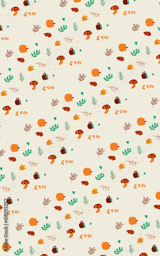 Warm autumn theme seamless background picture. Element of autumn. Falls season hand drawn decoration. Pastel background fully with leaves and autumn stuff.
