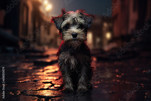 Sad lost puppy sitting outside, cute homeless wet pet on a rainy night outdoors