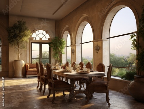 Wide angle view of dining room in Mediterranean style and dining sets  view outside through arched windows. Generative AI