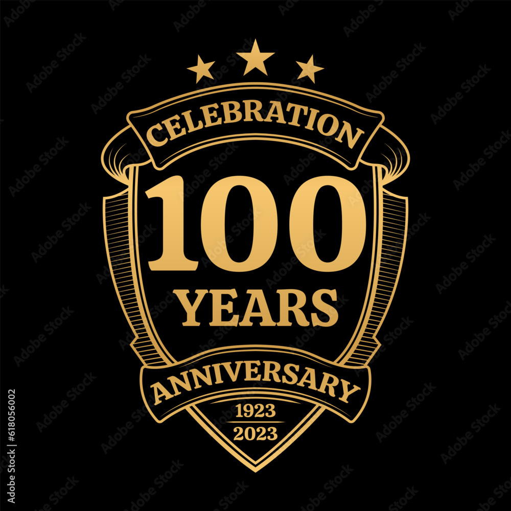 100 years anniversary icon or logo. 100th jubilee celebration, business company birthday badge or label. Vintage banner with shield and ribbon. Wedding, invitation design element. Vector illustration.